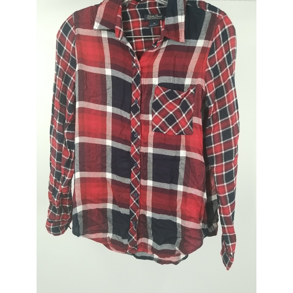 Lucky Brand Womens Flannel Shirt XS Black Red Plaid Long‎ Sleeve Button Up - Picture 2 of 6